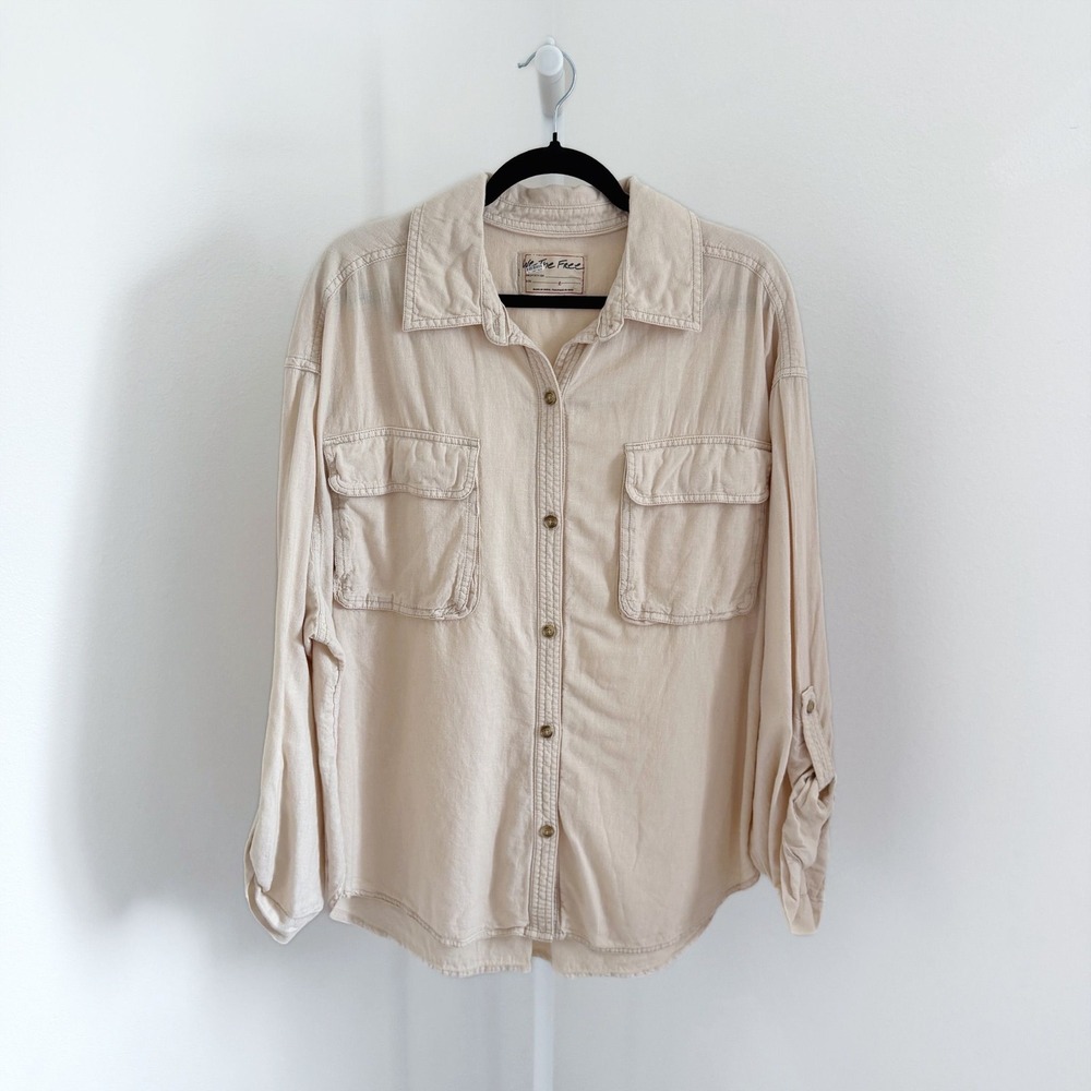 Free People We The Free $128 Top Size Large Made For The Sun Cotton Linen Shirt - Picture 3 of 6